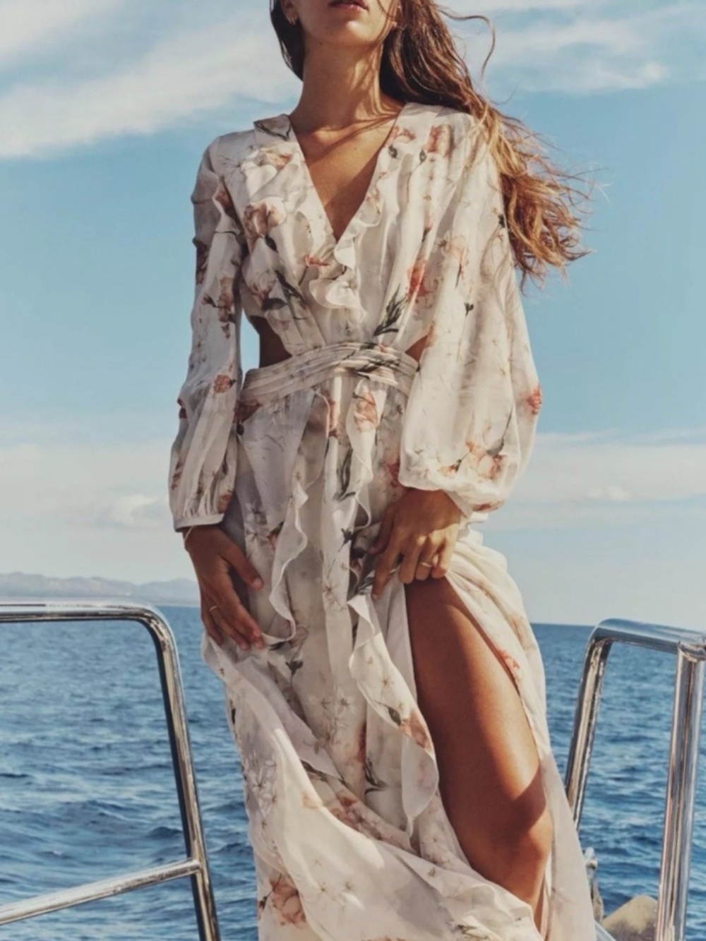 Zara Floral Cut-Out Ruffle Dress Cream Multicoloured Size XS - Picture 2 of 6